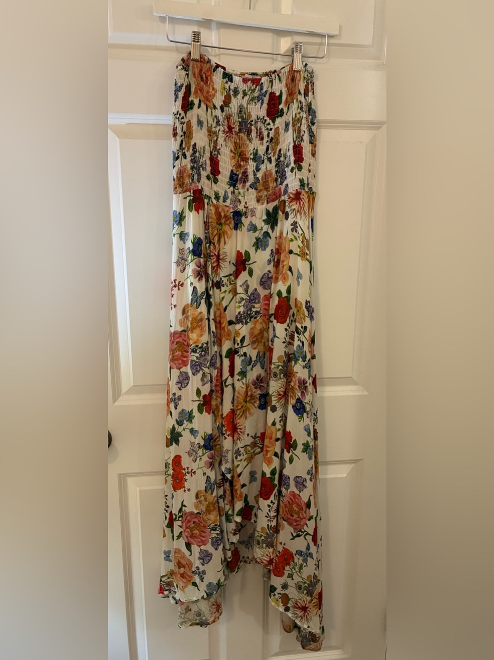 Olivaceous Strapless Maxi dress high low Multicolor Floral Print